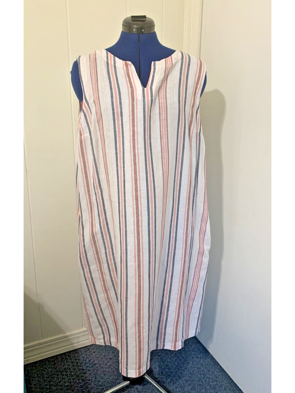Liz Claiborne Women's XL Striped Linen Blend Shift Dress Pockets Beachy Resort